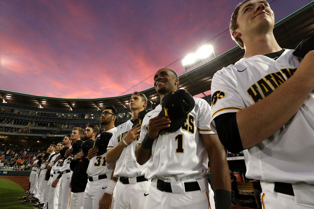 Iowa Hawkeyes infielder Lorenzo Elion (1) against the Minnesota Golden Gophers in the Big Ten Baseball Tournament Friday, May 24, 2019 at TD Ameritrade Park in Omaha, Neb. (Brian Ray/hawkeyesports.com)
