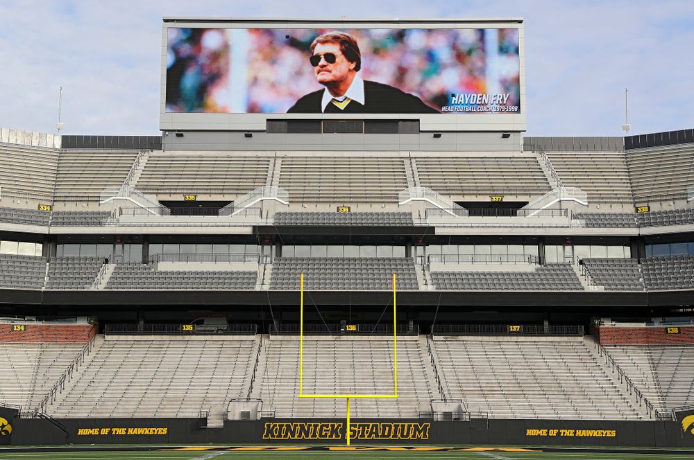 A picture of Hayden Fry is shown on the video boards at Kinnick Stadium in Iowa City on Wednesday, December 18, 2019. Hayden Fry passed away on Dec. 17, at the age of 90. (Stephen Mally/hawkeyesports.com)