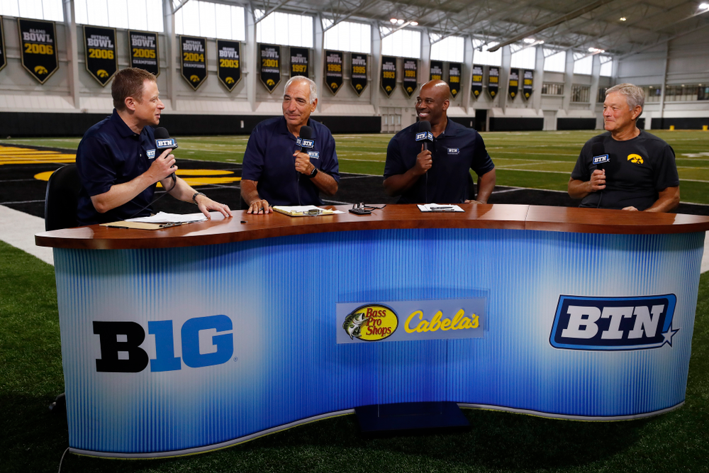 Iowa Hawkeyes head coach Kirk Ferentz on the Big Ten Network set Monday, August 20, 2018 at the Hansen Football Performance Center. (Brian Ray/hawkeyesports.com)