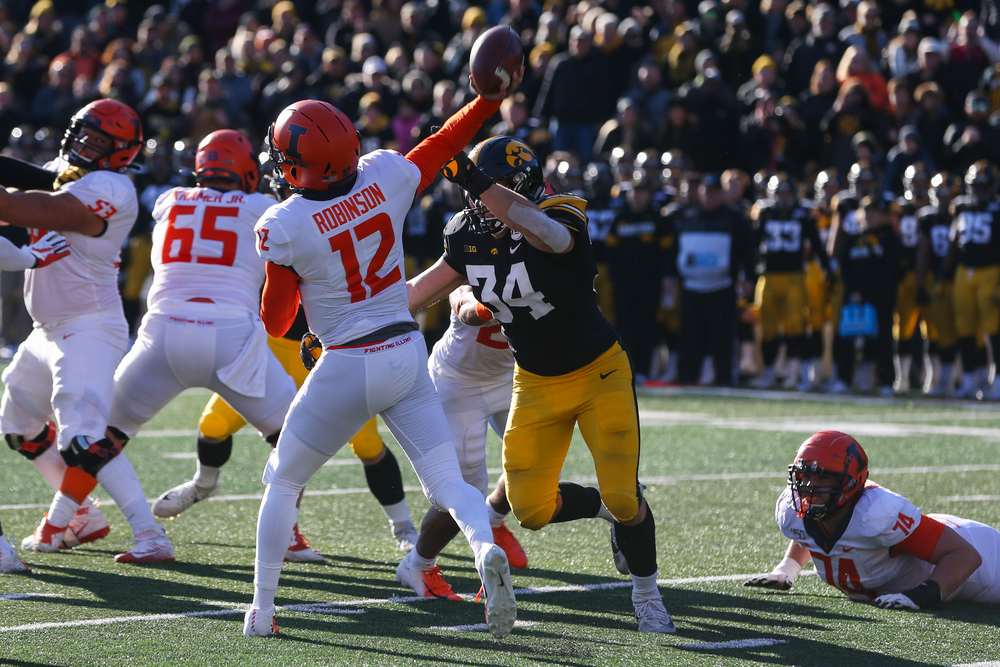 Iowa Hawkeyes linebacker Kristian Welch (34) during Iowa football vs Illinois on Saturday, November 23, 2019 at Kinnick Stadium. (Lily Smith/hawkeyesports.com)