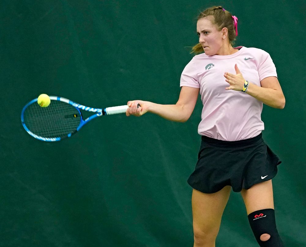 Iowa's Ashleigh Jacobs plays a match against Purdue at the Hawkeye Tennis and Recreation Complex in Iowa City on Friday, Mar. 29, 2019. (Stephen Mally/hawkeyesports.com)