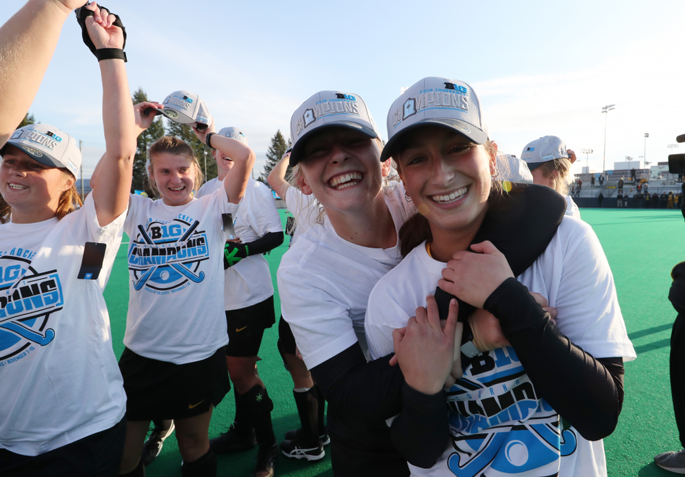 The Iowa Hawkeyes celebrate their victory over Penn State in the 2019 Big Ten Field Hockey Tournament Championship Game Sunday, November 10, 2019 in State College. (Brian Ray/hawkeyesports.com)