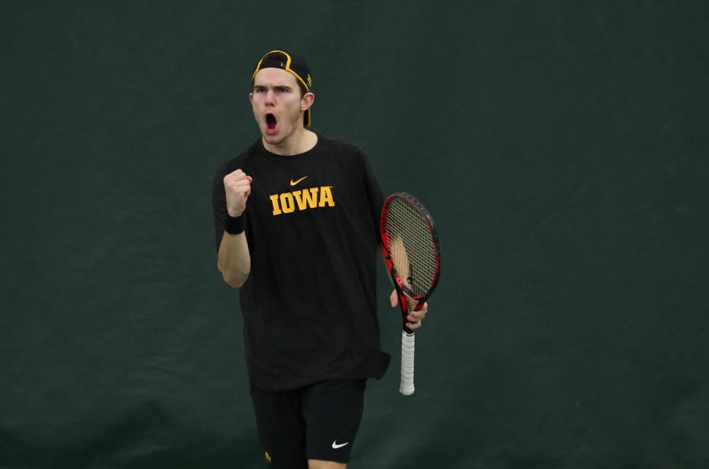 Iowa's Jonas Larsen against UMKC Friday, February 15, 2019 at the Hawkeye Tennis and Recreation Complex. (Brian Ray/hawkeyesports.com)