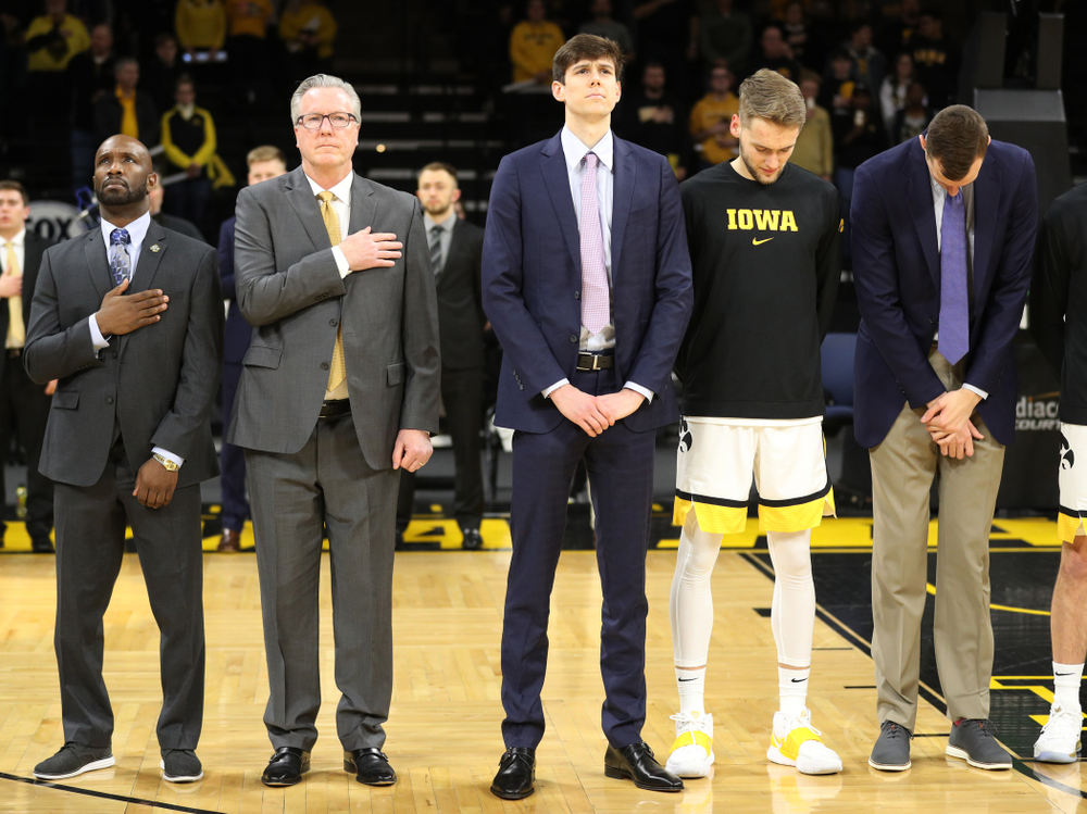 Iowa Hawkeyes head coach Fran McCaffery and forward Patrick McCaffery (22) against the Michigan Wolverines Friday, January 17, 2020 at Carver-Hawkeye Arena. (Brian Ray/hawkeyesports.com)