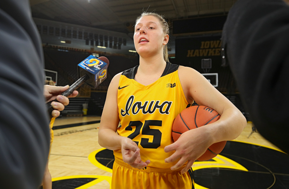 Iowa forward/center Monika Czinano (25) answers questions during Iowa Women’s Basketball Media Day at Carver-Hawkeye Arena in Iowa City on Thursday, Oct 24, 2019. (Stephen Mally/hawkeyesports.com)