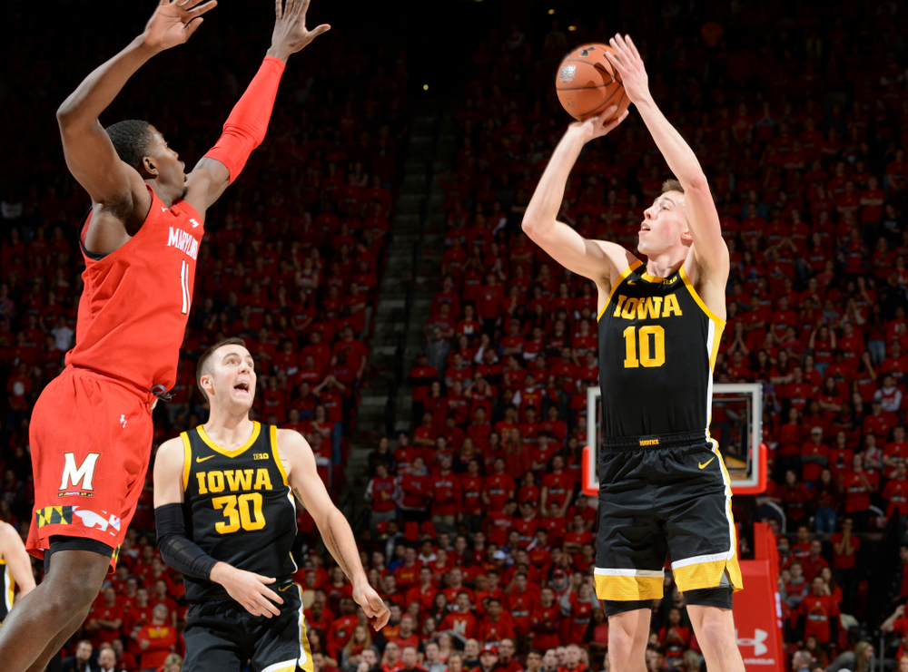 Iowa Hawkeyes guard Joe Wieskamp (10) puts up a shot during their game at the Xfinity Center in College Park, MD on Thursday, January 30, 2020. (University of Maryland Athletics)