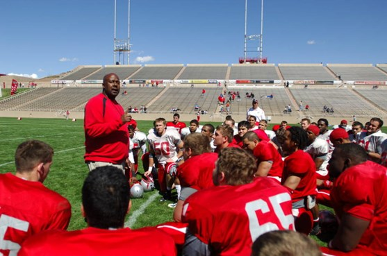 Mike Locksley addresses the team after the final scrimmage Saturday.