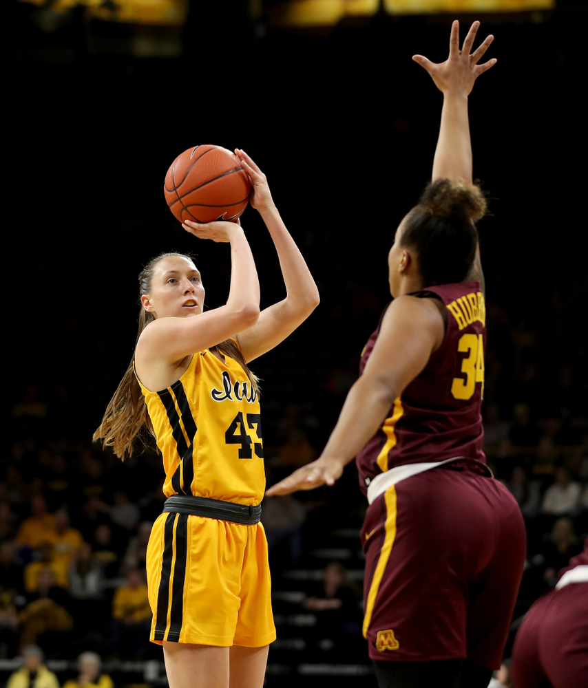 Iowa Hawkeyes forward Amanda Ollinger (43) against the Minnesota Golden Gophers Thursday, February 27, 2020 at Carver-Hawkeye Arena. (Brian Ray/hawkeyesports.com)