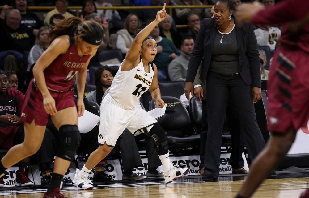 Iowa Hawkeyes guard Tania Davis (11) reacts after hitting a 3-pointer during a game against North Carolina Central at Carver-Hawkeye Arena on November 17, 2018. (Tork Mason/hawkeyesports.com)