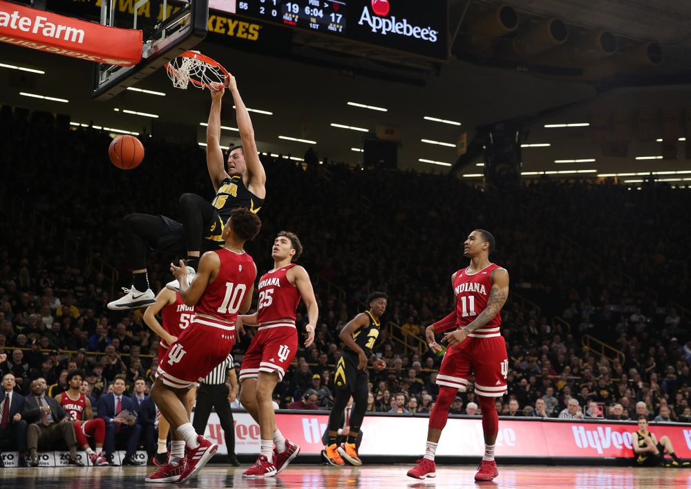Iowa Hawkeyes forward Ryan Kriener (15) dunks the ball against the Indiana Hoosiers Friday, February 22, 2019 at Carver-Hawkeye Arena. (Brian Ray/hawkeyesports.com)