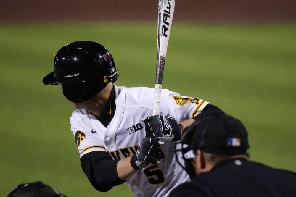Iowa outfielder Zeb Adreon at game 1 vs Rutgers on Friday, April 5, 2019 at Duane Banks Field. (Lily Smith/hawkeyesports.com)