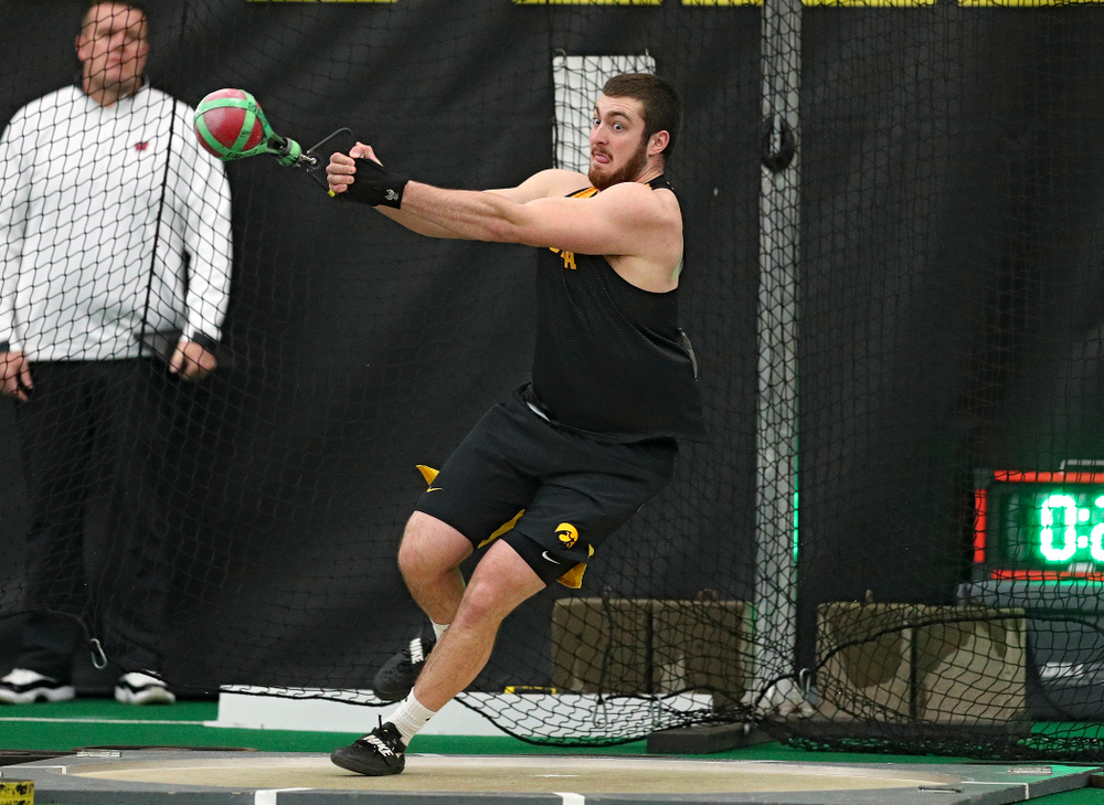 Iowa’s Tyler Lienau throws in the men’s weight throw event during the Larry Wieczorek Invitational at the Hawkeye Tennis and Recreation Complex in Iowa City on Friday, January 17, 2020. (Stephen Mally/hawkeyesports.com)