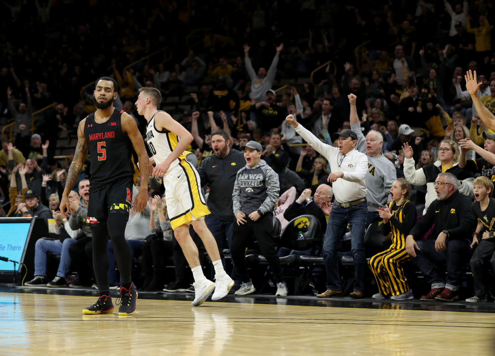 Iowa Hawkeyes guard Joe Wieskamp (10) celebrates a three point basket against the Maryland Terrapins Friday, January 10, 2020 at Carver-Hawkeye Arena. (Brian Ray/hawkeyesports.com)