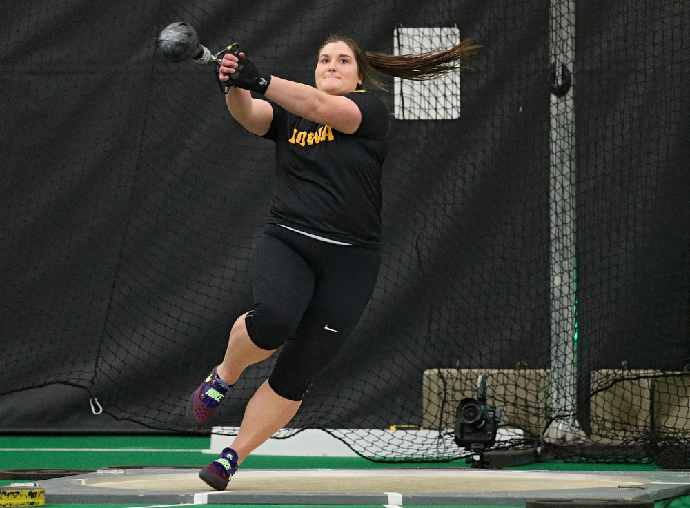 Iowa’s Jamie Kofron throws in the women’s weight throw event during the Larry Wieczorek Invitational at the Hawkeye Tennis and Recreation Complex in Iowa City on Friday, January 17, 2020. (Stephen Mally/hawkeyesports.com)