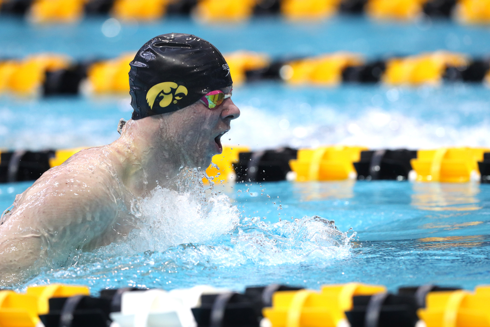 Iowa's Tanner Nelson competes in the 200-yard breaststroke during the 2019 Big Ten Men's Swimming and Diving Championships Saturday, March 2, 2019 at the Campus Wellness and Recreation Center. (Brian Ray/hawkeyesports.com)