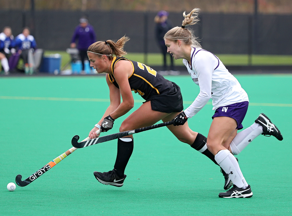 Iowa’s Sophie Sunderland (20) moves with the ball during the second quarter of their game at Grant Field in Iowa City on Saturday, Oct 26, 2019. (Stephen Mally/hawkeyesports.com)
