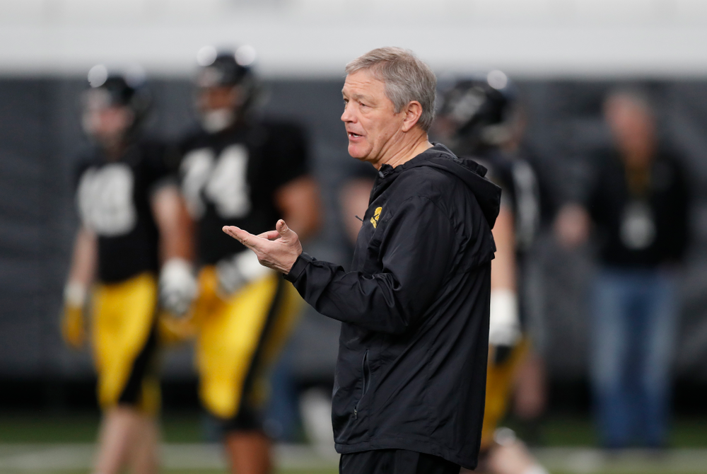 Iowa Hawkeyes head coach Kirk Ferentz during spring practice Wednesday, March 28, 2018 at the Hansen Football Performance Center. (Brian Ray/hawkeyesports.com)