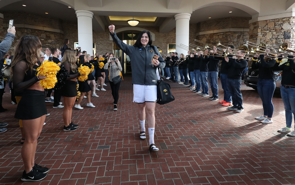 Iowa Hawkeyes forward Megan Gustafson (10) during a send off at the hotel before their game against the NC State Wolfpack in the regional semi-final of the 2019 NCAA Women's College Basketball Tournament Saturday, March 30, 2019 at Greensboro Coliseum in Greensboro, NC.(Brian Ray/hawkeyesports.com)