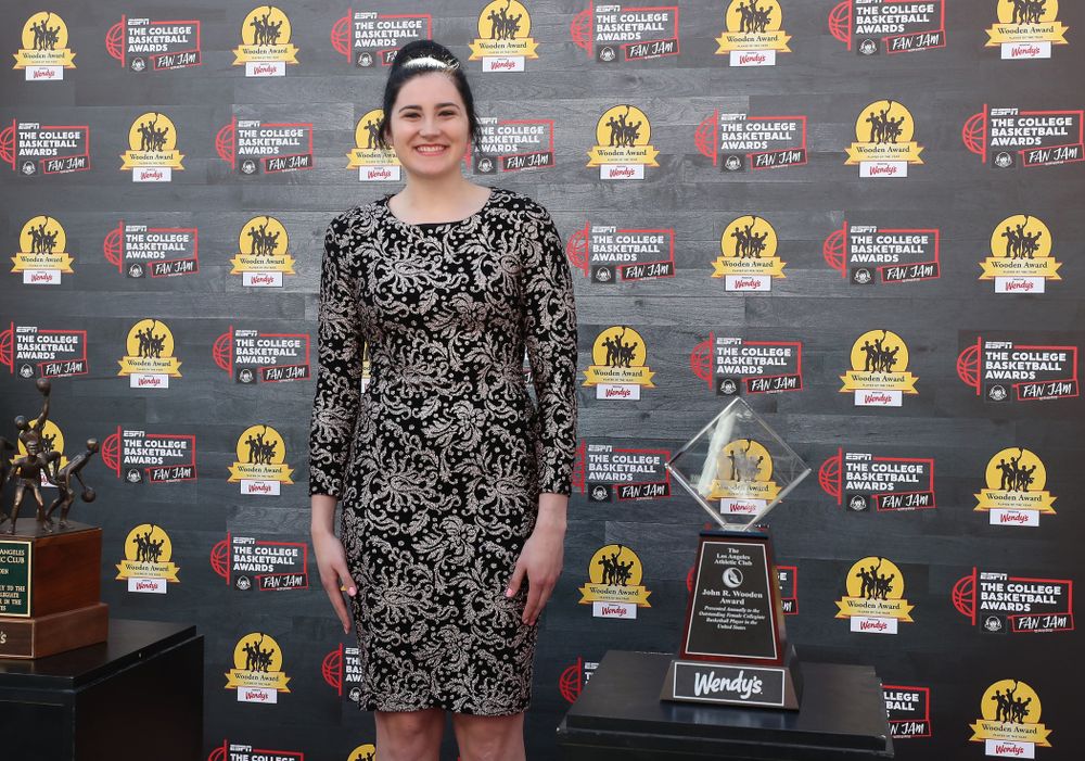 Iowa Hawkeyes forward Megan Gustafson (10) walks the red carpet before the ESPN College Basketball Awards show Friday, April 12, 2019 at The Novo at LA Live. (Brian Ray/hawkeyesports.com)