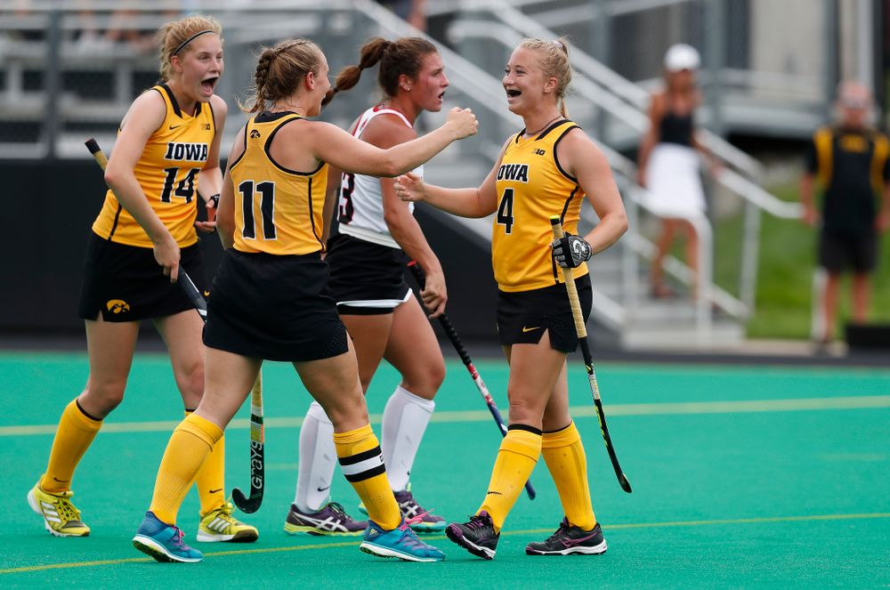 Iowa Hawkeyes Makenna Grewe (4) and Katie Birch (11) against Ball State Sunday, September 2, 2018 at Grant Field. (Brian Ray/hawkeyesports.com)