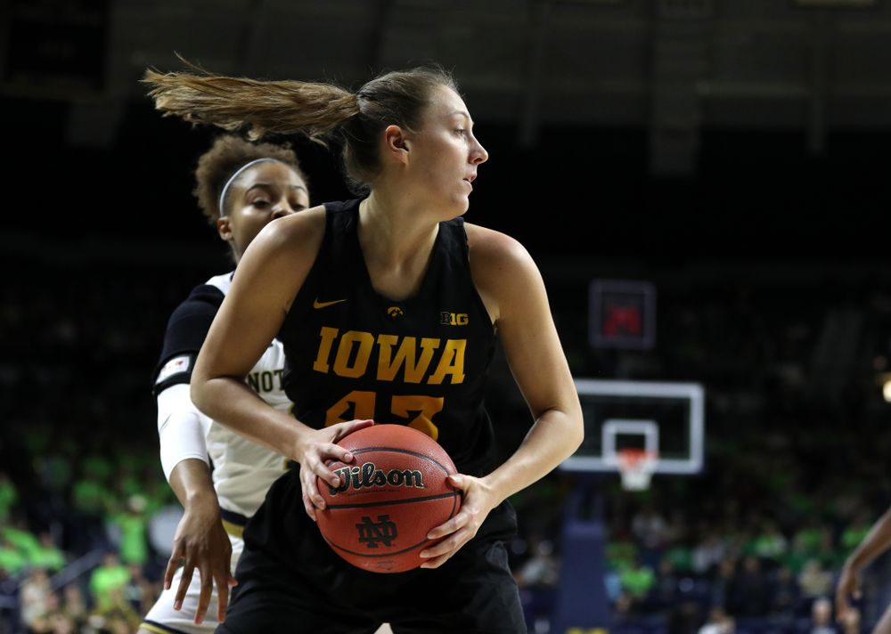 Iowa Hawkeyes forward Amanda Ollinger (43) against the Notre Dame Fighting Irish Thursday, November 29, 2018 at the Joyce Center in South Bend, Ind. (Brian Ray/hawkeyesports.com)