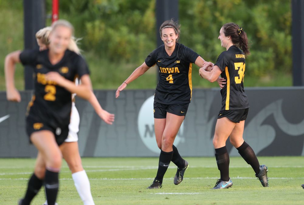 Iowa Hawkeyes forward Kaleigh Haus (4) celebrates a goal against Western Michigan Thursday, August 22, 2019 at the Iowa Soccer Complex. (Brian Ray/hawkeyesports.com)