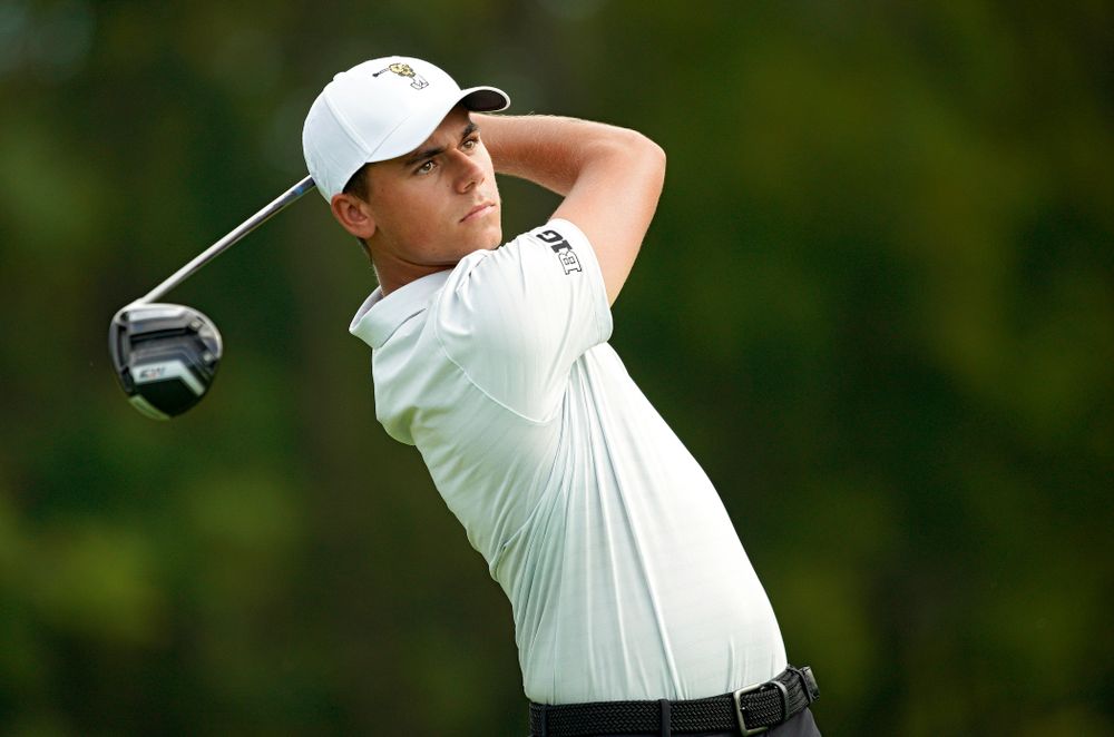 Iowa’s Garrett Tighe tees off during the second day of the Golfweek Conference Challenge at the Cedar Rapids Country Club in Cedar Rapids on Monday, Sep 16, 2019. (Stephen Mally/hawkeyesports.com)