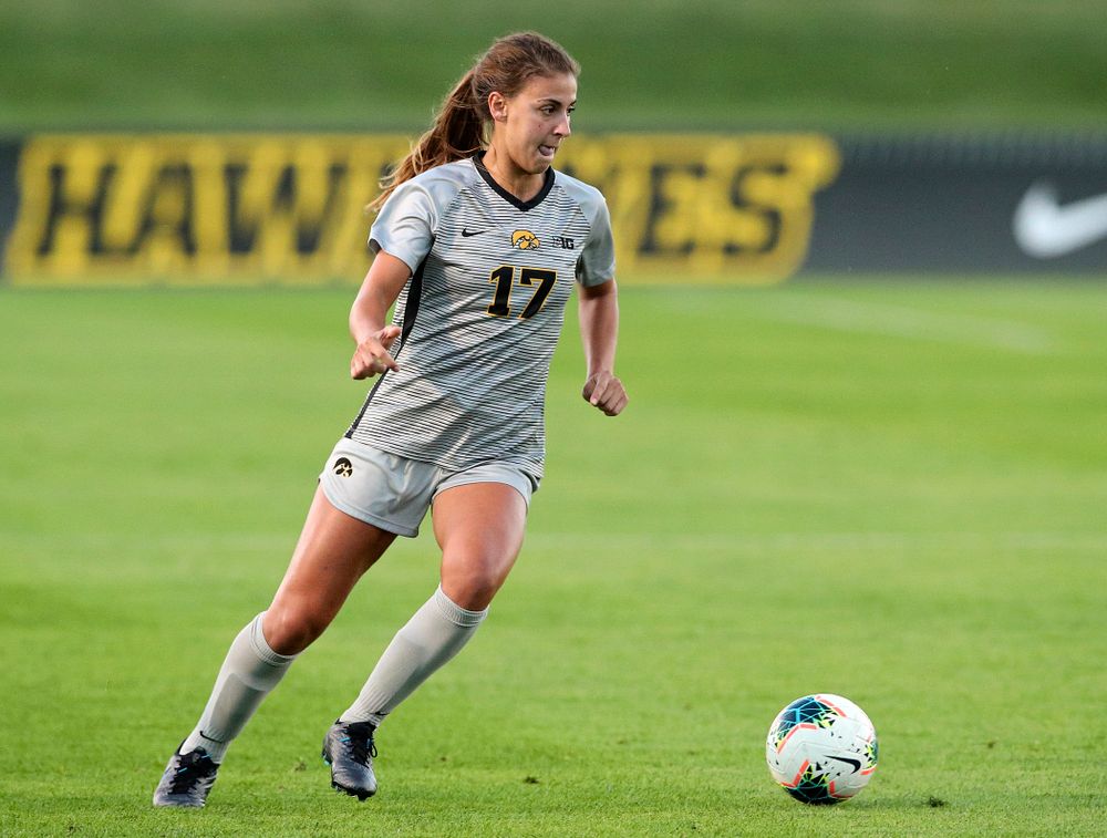 Iowa defender Hannah Drkulec (17) looks to pass during the first half of their match at the Iowa Soccer Complex in Iowa City on Friday, Sep 13, 2019. (Stephen Mally/hawkeyesports.com)