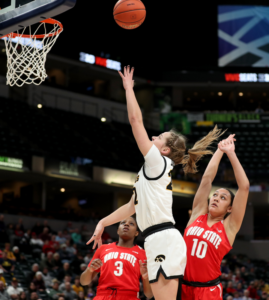 Iowa Hawkeyes guard Kathleen Doyle (22) against Ohio State in the quarterfinals of the Big Ten Basketball Tournament Friday, March 6, 2020 at Bankers Life Fieldhouse in Indianapolis. (Brian Ray/hawkeyesports.com)