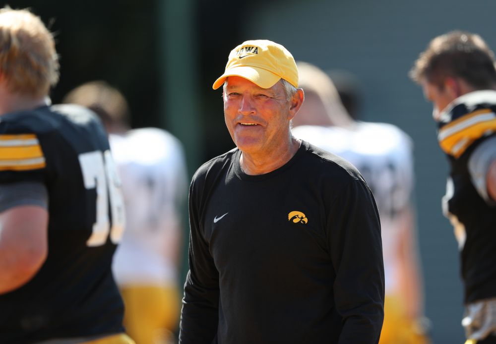 Iowa Hawkeyes head coach Kirk Ferentz during Fall Camp Practice No. 5 Tuesday, August 6, 2019 at the Ronald D. and Margaret L. Kenyon Football Practice Facility. (Brian Ray/hawkeyesports.com)