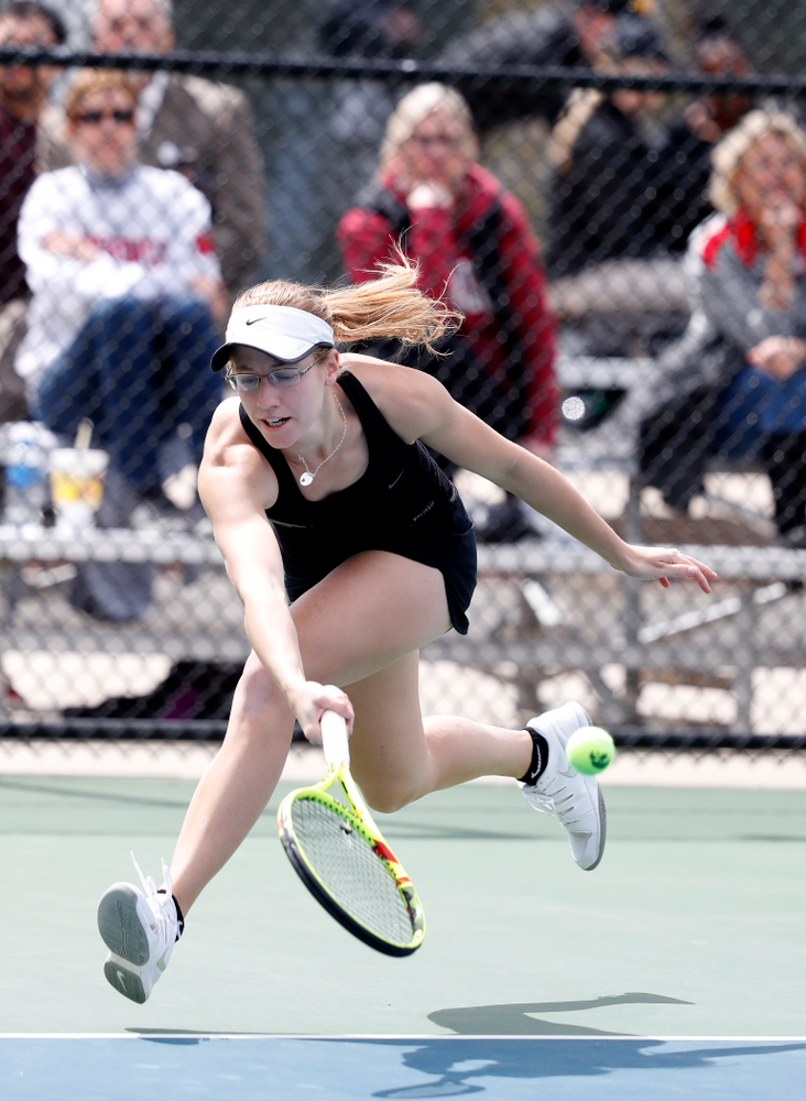 Montana Crawford and Danielle Burich play a doubles match against the Wisconsin Badgers Sunday, April 22, 2018 at the Hawkeye Tennis and Recreation Center. (Brian Ray/hawkeyesports.com)