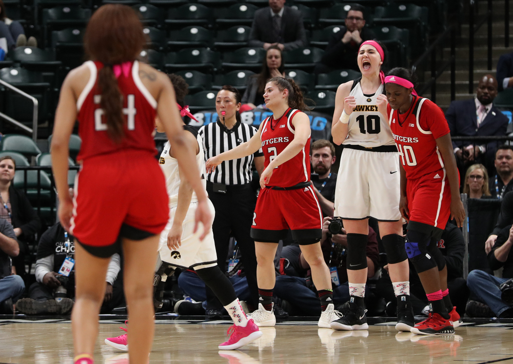 Iowa Hawkeyes forward Megan Gustafson (10) against the Rutgers Scarlet Knights in the semi-finals of the Big Ten Tournament Saturday, March 9, 2019 at Bankers Life Fieldhouse in Indianapolis, Ind. (Brian Ray/hawkeyesports.com)