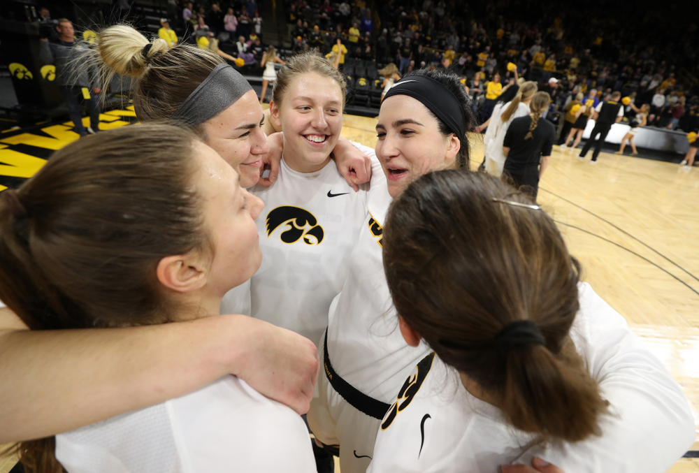 Iowa Hawkeyes forward Megan Gustafson (10), forward/center Monika Czinano (25), forward Hannah Stewart (21), forward Amanda Ollinger (43), and forward/center Paula Valino Ramos (31) against the Illinois Fighting Illini Thursday, February 14, 2019 at Carver-Hawkeye Arena. (Brian Ray/hawkeyesports.com)