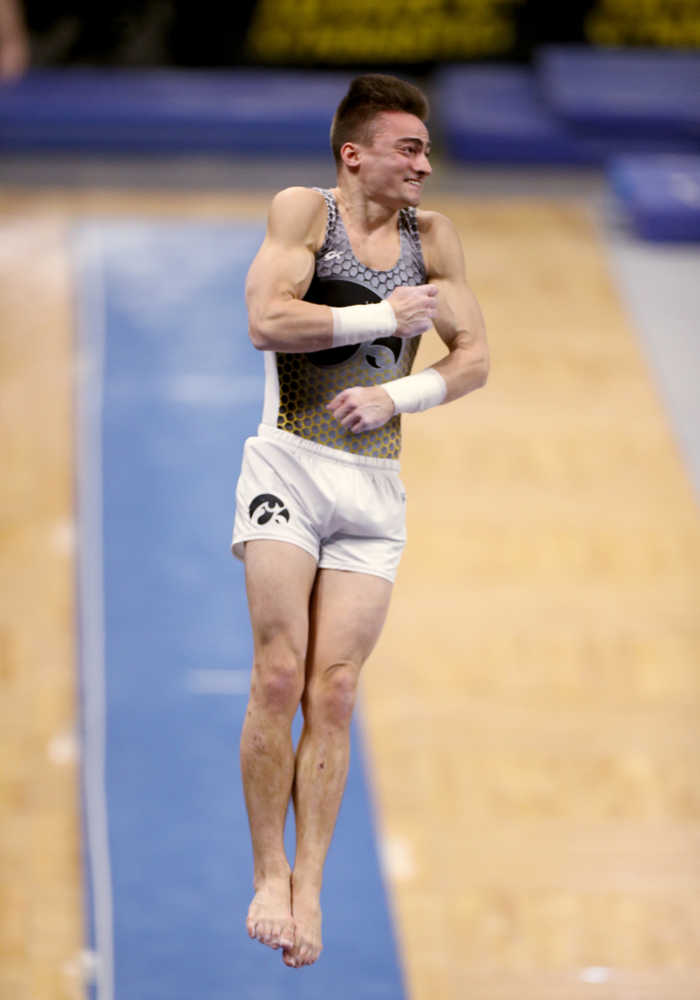 Iowa’s Mitch Mandozzi competes on the Vault against UIC and Minnesota Saturday, February 1, 2020 at Carver-Hawkeye Arena. (Brian Ray/hawkeyesports.com)