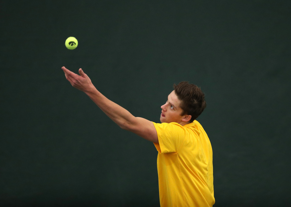 Joe Tyler against the Butler Bulldogs Sunday, January 27, 2019 at the Hawkeye Tennis and Recreation Complex. (Brian Ray/hawkeyesports.com)