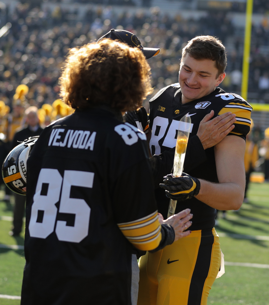 Iowa Hawkeyes long snapper Nate Vejvoda (85) during Senior Day festivities before their game against the Illinois Fighting Illini Saturday, November 23, 2019 at Kinnick Stadium. (Brian Ray/hawkeyesports.com)