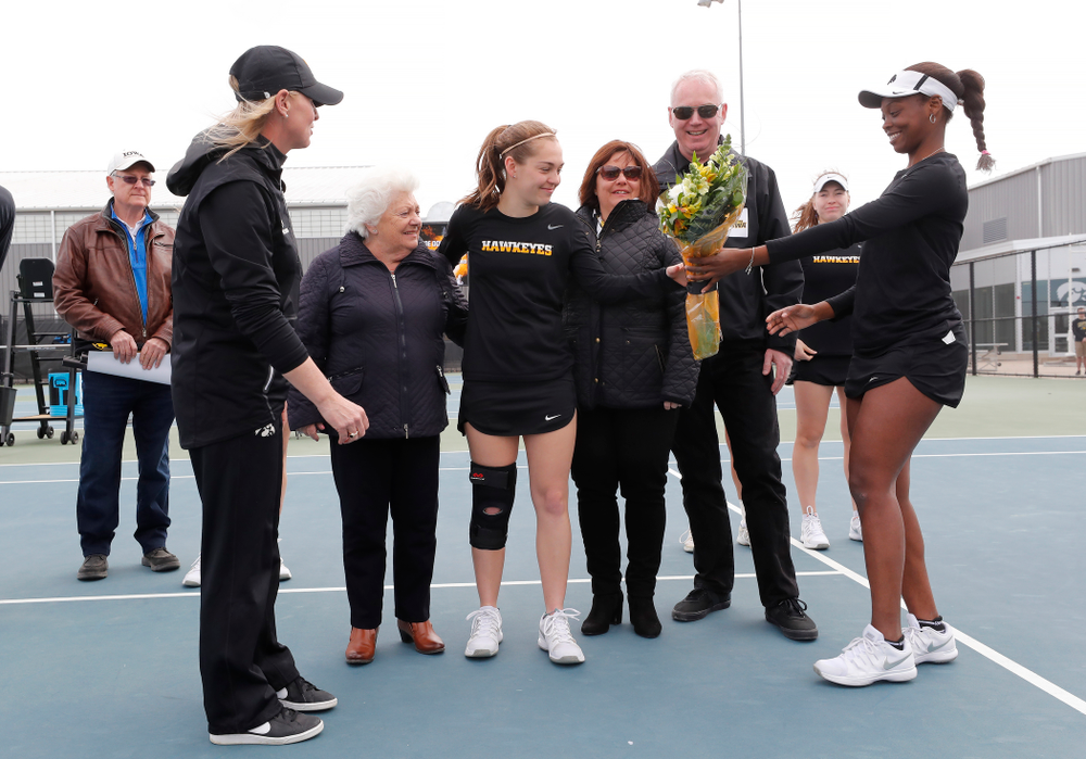 Iowa's Zoe Douglas during Senior Day activities before their match against the Wisconsin Badgers Sunday, April 22, 2018 at the Hawkeye Tennis and Recreation Center. (Brian Ray/hawkeyesports.com)