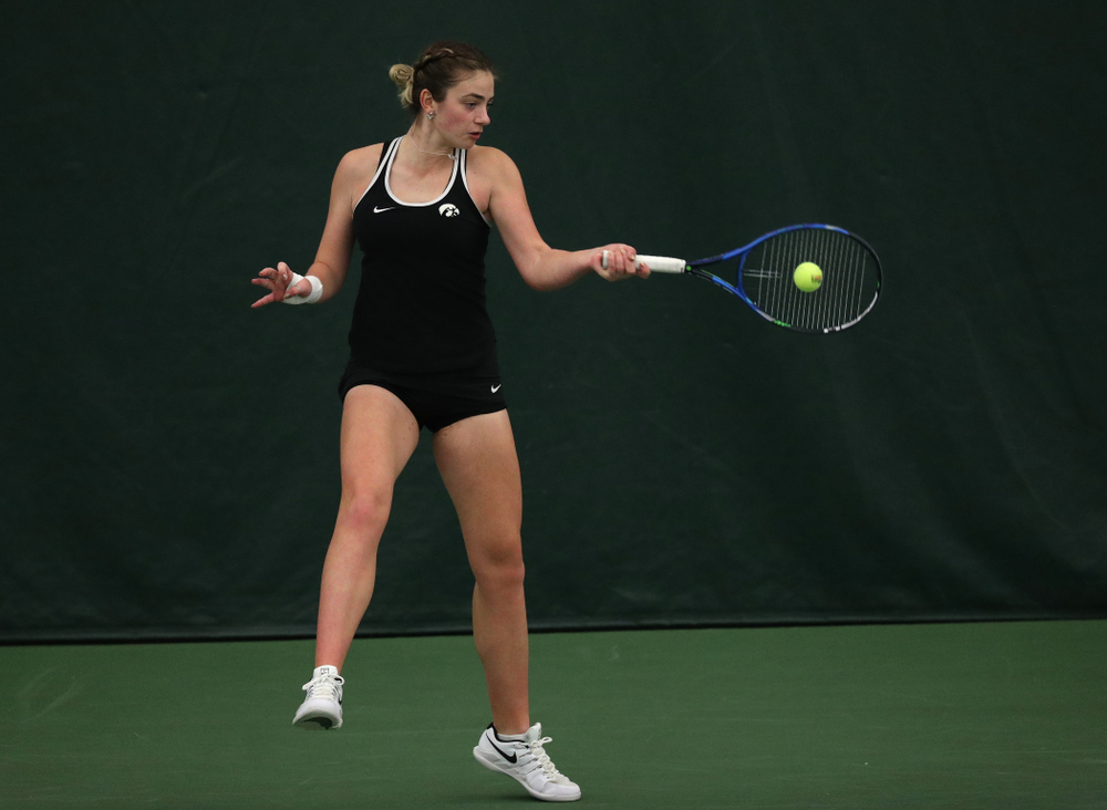 Iowa's Sophie Clark against the Penn State Nittany Lions Sunday, February 24, 2019 at the Hawkeye Tennis and Recreation Complex. (Brian Ray/hawkeyesports.com)