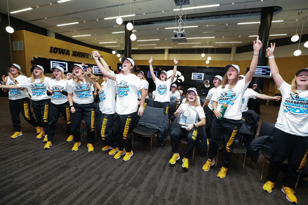 The Iowa Hawkeyes celebrate their victory over Penn State in the 2019 Big Ten Field Hockey Tournament Championship Game Sunday, November 10, 2019 in State College. (Brian Ray/hawkeyesports.com)