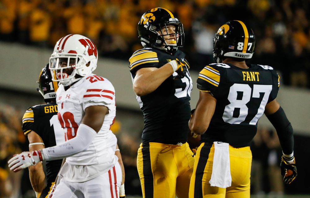 Iowa Hawkeyes tight end T.J. Hockenson (38) reacts after a first down reception during a game against Wisconsin at Kinnick Stadium on September 22, 2018. (Tork Mason/hawkeyesports.com)
