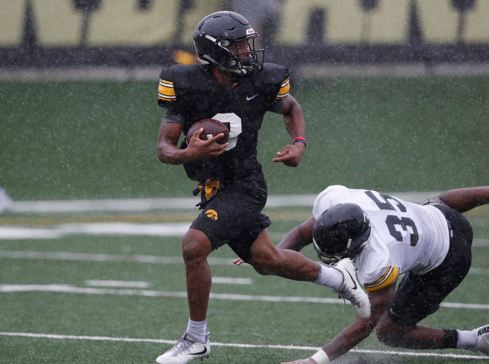 Iowa Hawkeyes wide receiver Tyrone Tracy Jr. (3) and linebacker Barrington Wade (35) during camp practice No. 15 Monday, August 20, 2018 at the Hansen Football Performance Center. (Brian Ray/hawkeyesports.com)
