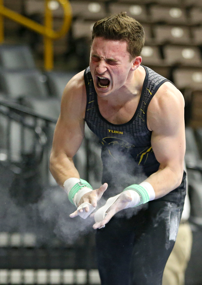 Iowa's Jake Brodarzon competes in the rings against Ohio State at Caver-Hawkeye Arena in Iowa City on Saturday, Mar. 16, 2019. (Stephen Mally for HawkeyeSports.com)