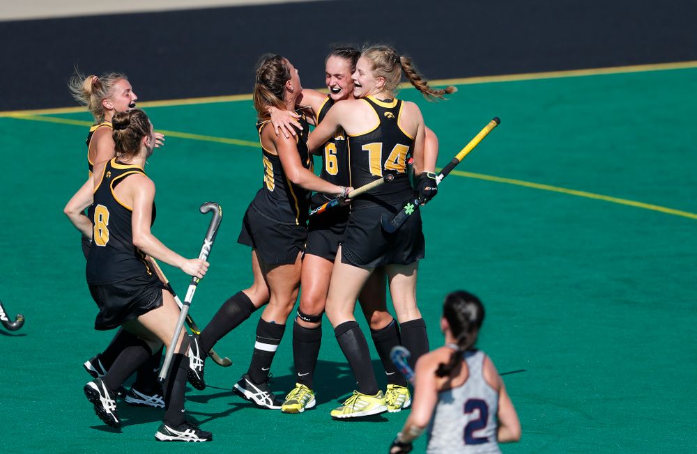 Iowa Hawkeyes Sophie Sunderland (20), Anthe Nijziel (6), and Lokke Stribos (14) against the Penn Quakers Friday, September 14, 2018 at Grant Field. (Brian Ray/hawkeyesports.com)