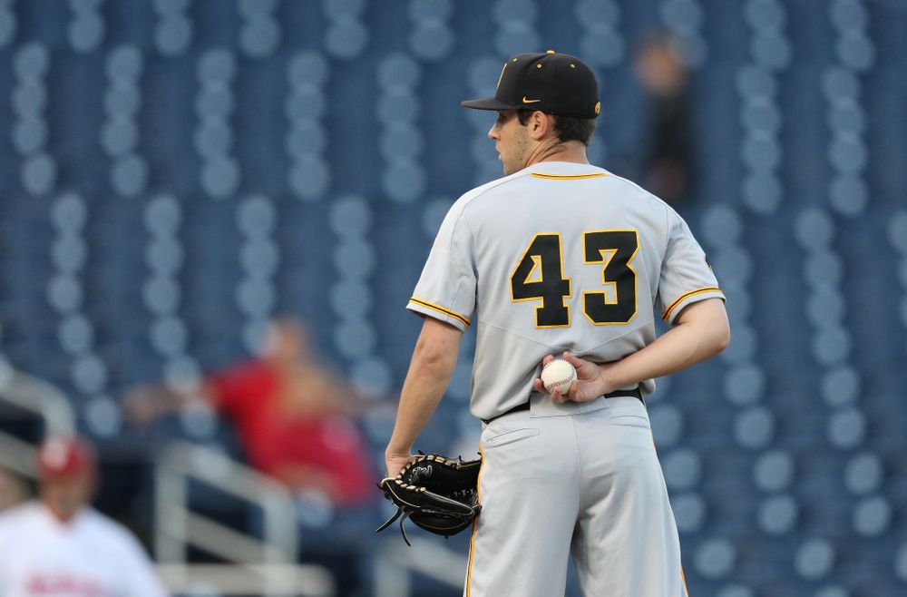 Iowa Hawkeyes Grant Leonard (43) against the Indiana Hoosiers in the first round of the Big Ten Baseball Tournament Wednesday, May 22, 2019 at TD Ameritrade Park in Omaha, Neb. (Brian Ray/hawkeyesports.com)