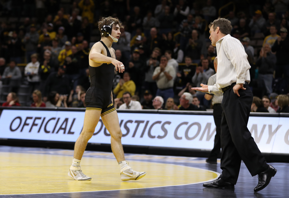 Iowa's Austin DeSanto wrestles Indiana's Paul Konrath at 133 pounds Friday, February 15, 2019 at Carver-Hawkeye Arena. (Brian Ray/hawkeyesports.com)