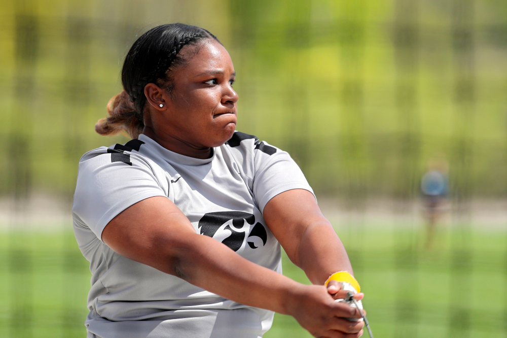 Iowa's Nia Britt throws during the women’s hammer throw event on the first day of the Big Ten Outdoor Track and Field Championships at Francis X. Cretzmeyer Track in Iowa City on Friday, May. 10, 2019. (Stephen Mally/hawkeyesports.com)