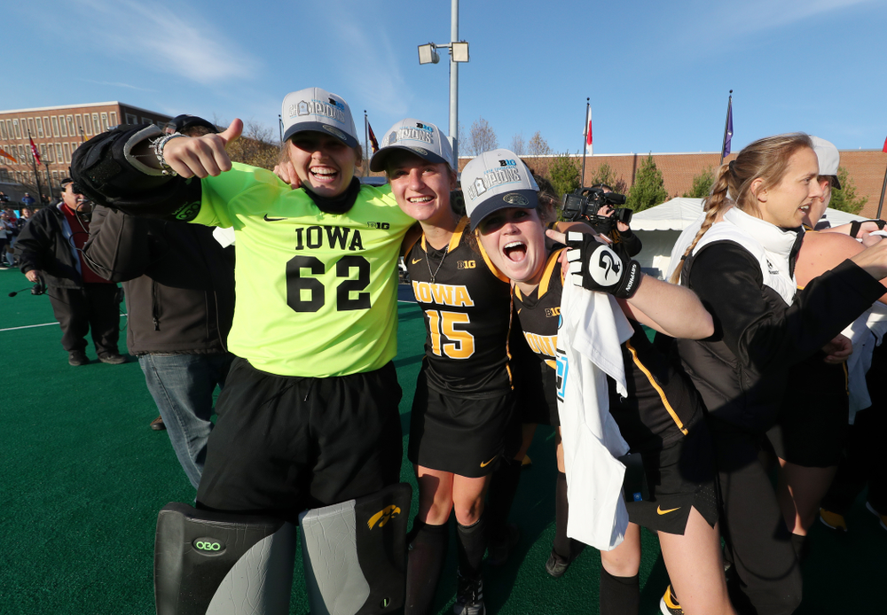 Iowa Hawkeyes goaltender Grace McGuire (62), Esme Gibson (15), and Meghan Conroy (5) celebrate their victory over Penn State in the 2019 Big Ten Field Hockey Tournament Championship Game Sunday, November 10, 2019 in State College. (Brian Ray/hawkeyesports.com)
