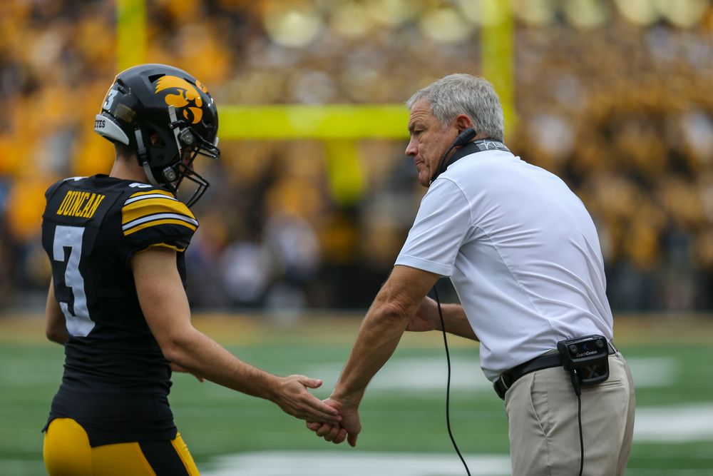 Iowa Hawkeyes place kicker Keith Duncan (3) Iowa Hawkeyes head coach Kirk Ferentz against Middle Tennessee Saturday, September 28, 2019 at Kinnick Stadium. (Lily Smith/hawkeyesports.com)