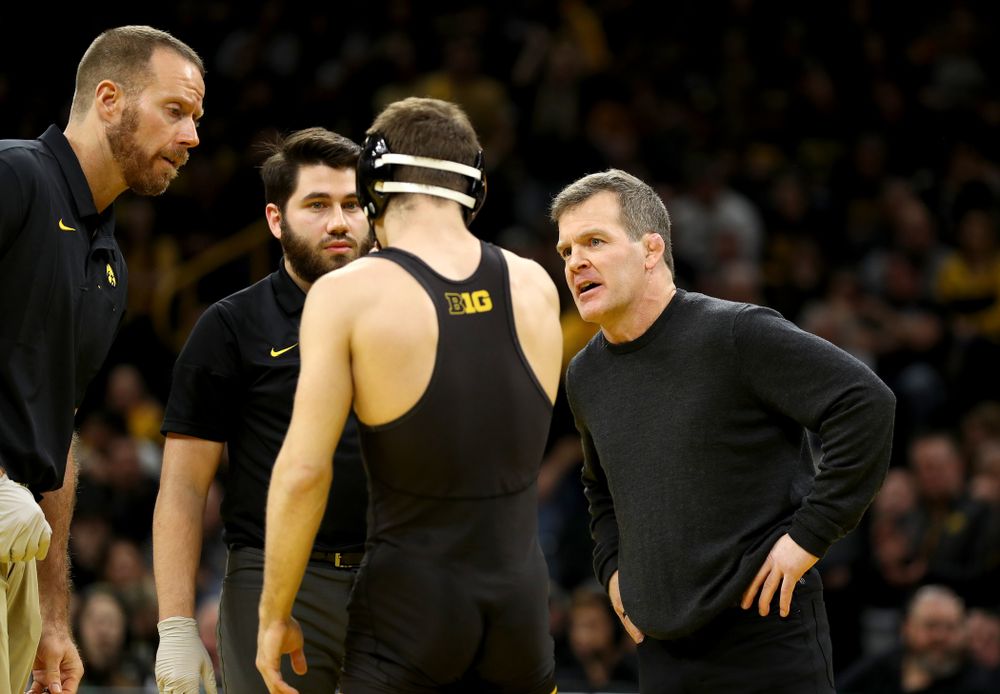 Associate Head Coach Terry Brands as Iowa’s Austin DeSanto wrestles Penn State’s Roman Bravo-Young at 133 pounds Friday, January 31, 2020 at Carver-Hawkeye Arena. DeSanto Injury defaulted. (Brian Ray/hawkeyesports.com)
