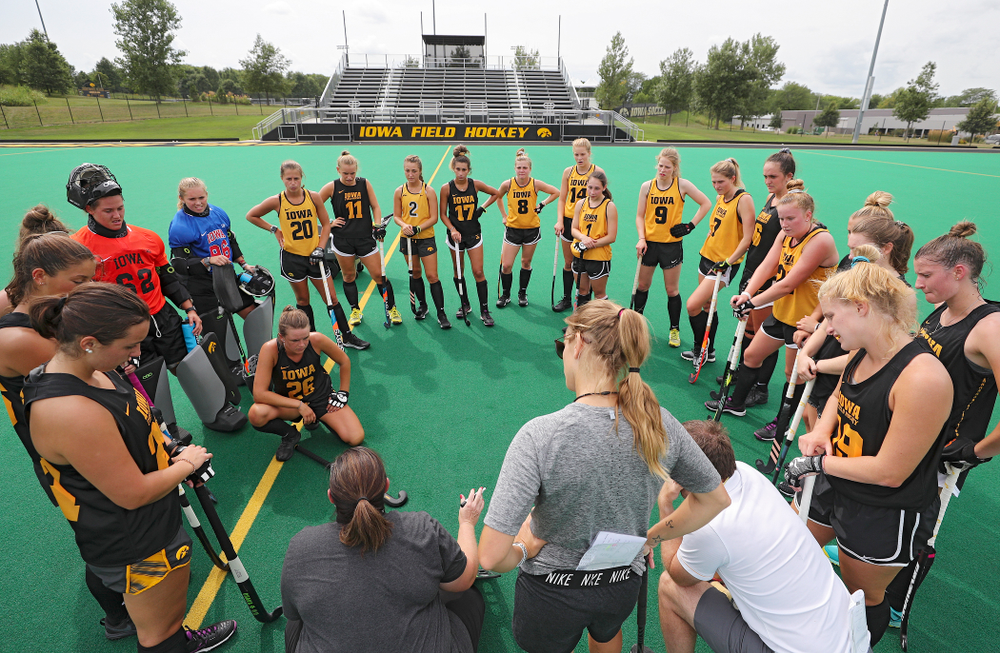 Iowa head coach Lisa Cellucci talks with her team during practice at Grant Field in Iowa City on Thursday, Aug 15, 2019. (Stephen Mally/hawkeyesports.com)